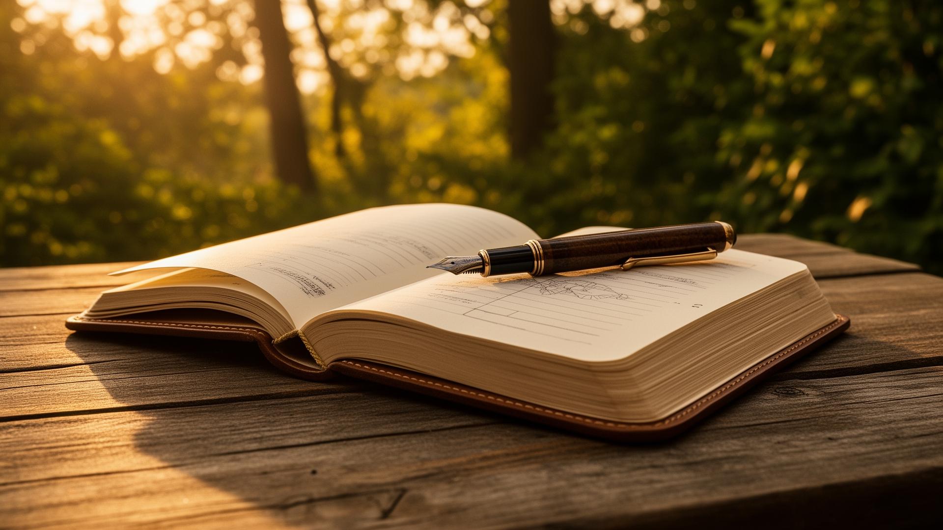Outdoor writing journal at golden hour